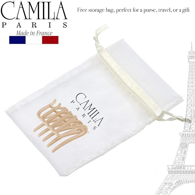 Camila Paris CP3095 French Two Sides Interlocking Comb, Beige, for Ponytail or Hair updo, Strong Hold Grip Hair Clips for Women, No Slip Durable Styling Girls Hair Accessories, Made in France