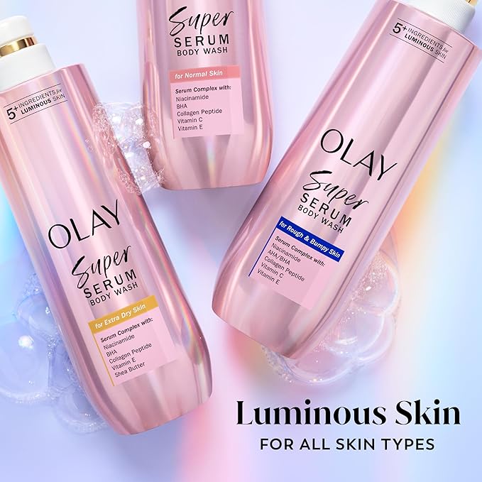 Olay Super Serum Body Wash for Rough & Bumpy Skin, Hydrating & Renewing Serum Complex with Exfoliating Minerals for Luminous Skin, 18.5 fl oz