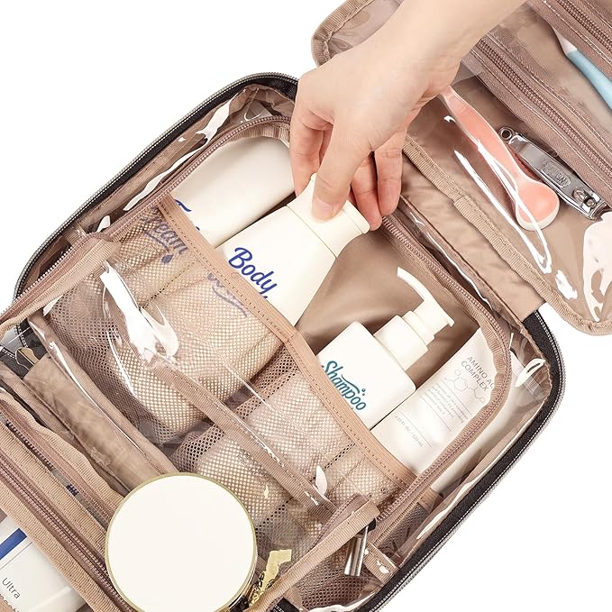 NISHEL Travel Toiletry Bag for women, Portable Hanging Organizer for Travel-Sized Shampoo, Conditioner, Brushes Set, Makeup Accessories, Medium Size, Lake-Blue