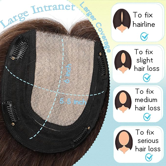 Hair Toppers for Women Real Human Hair, 360° 3D Toppers Pieces for Women with Thinning Crown Side Bangs 16 Inch Upgrade Big Basement (Medium Brown, 16 Inch Side Bangs)