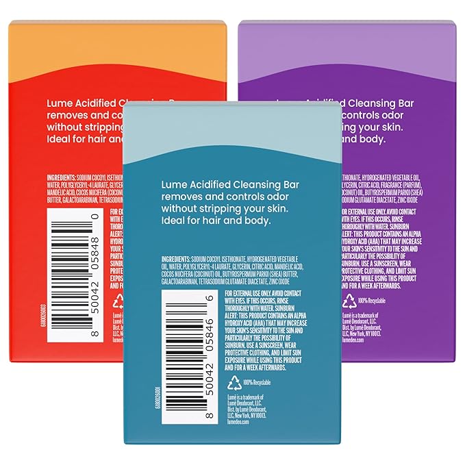 Lume Acidified Body Cleansing Bar - 24 Hour Odor Control - Removes Odor Better Than Soap - Moisturizing - No SLS or Parabens - OB/GYN Developed - 8.5 Ounce, 3 Pack (Tangerine, Lavender, & Unscented)