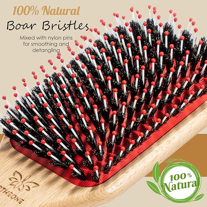 Hair Brush,Boar Bristle Hair Brushes and Hair Comb Set for Women Men Kids, Best Natural Wooden Paddle Hairbrush for Wet or Dry Hair