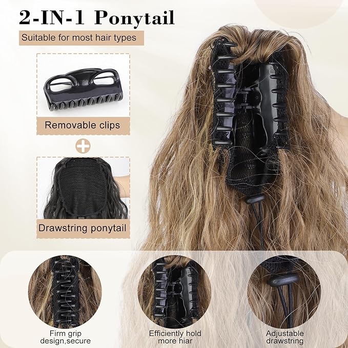 AISI BEAUTY Claw Clip Ponytail Extensions,30 Inch Long Curly Ponytail Extension for Women Fluffy Blonde Highlights Synthetic Ponytail Hairpiece for Daily Use