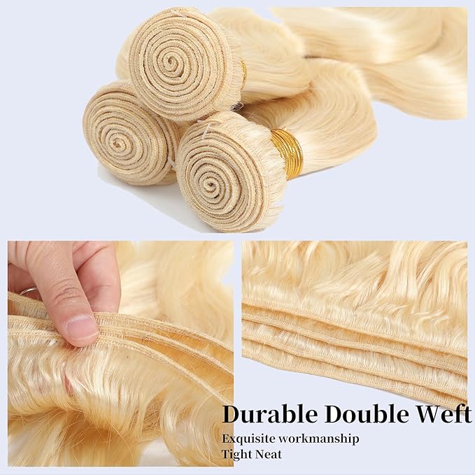 16A 613 Blonde Bundles Human Hair 100% Unprocessed Real Human Hair Body Wave 18 18 18 Inch Highlight Wavy Hair Bundle for Women Quick Weave Hair Deals