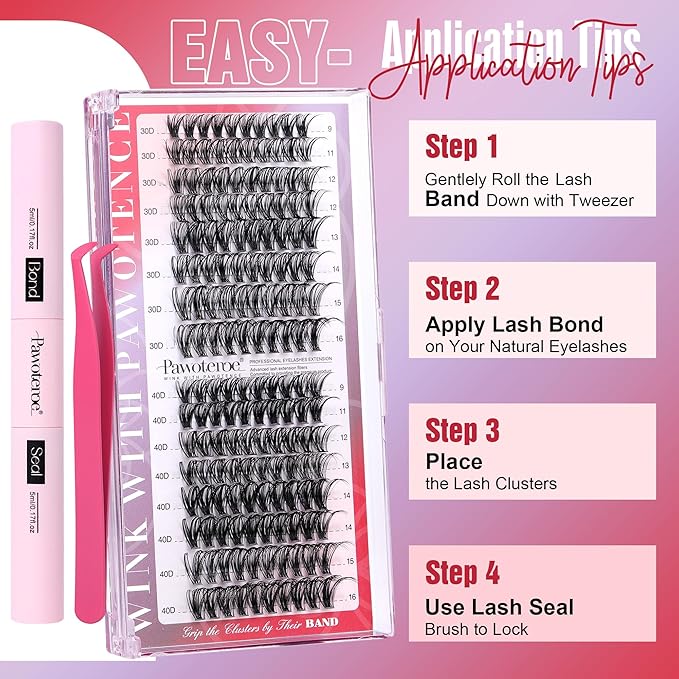 Pawotence Lash Extension Kit Individual Lash Clusters Kit 9-16mm 30D 40D Cluster Eyelash Extensions Kit with Lash Bond and Seal, Lash Tweezers for Self Use (30D&40D, 0.07D, 9-16mm, Portable Kit)