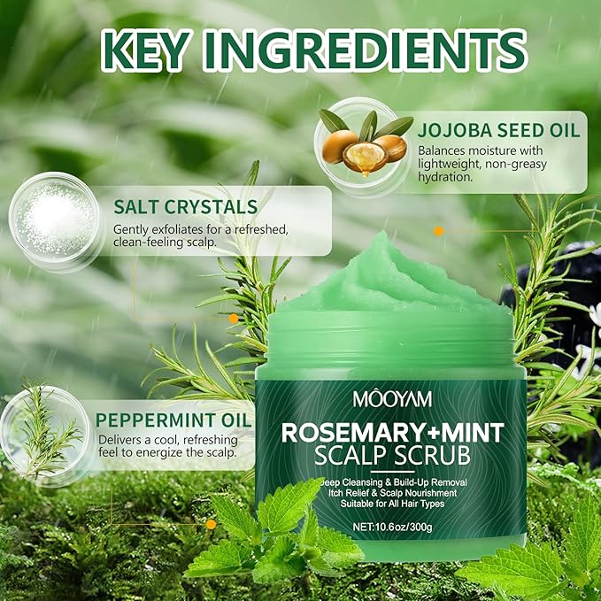 Scalp Scrub with Rosemary & Mint, 2-in-1 Exfoliating Shampoo for Hair Treatment, Includes Silicone Scalp Massager, Removes Buildup & Dandruff, 10.6oz