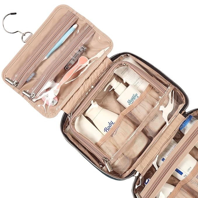 NISHEL Travel Toiletry Bag for women, Portable Hanging Organizer for Travel-Sized Shampoo, Conditioner, Brushes Set, Makeup Accessories, Medium Size, Lake-Blue