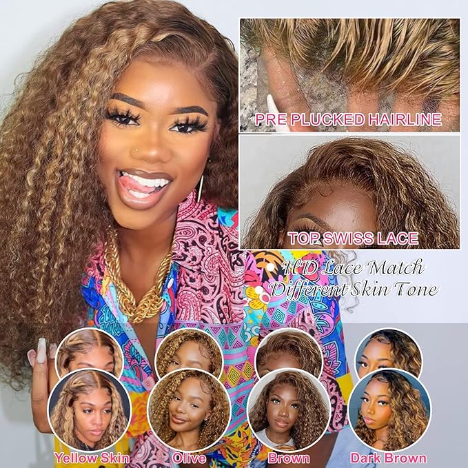 13x6 Highlight Deep Wave Lace Front Wigs Human Hair Ombre 4/27 HD Transparent Lace Frontal Wig Pre Plucked with Baby Hair Honey Blonde Curly Human Hair Wig for Black Women 24 Inch