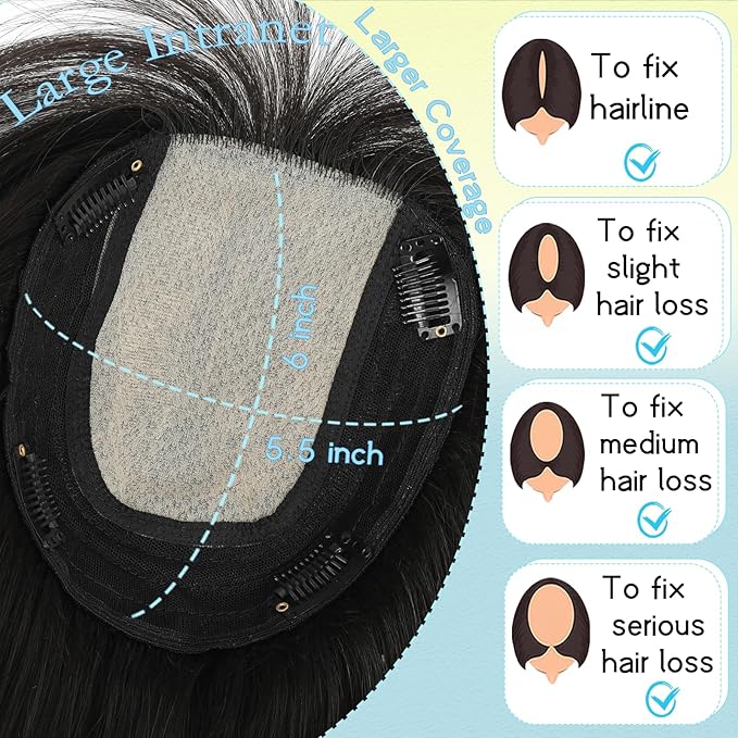 Hair Toppers for Women Real Human Hair, 360° 3D Toppers Pieces for Women with Thinning Crown Wispy Bangs 16 Inch Upgrade Big Basement (Black, 16 Inch Wispy Bangs)