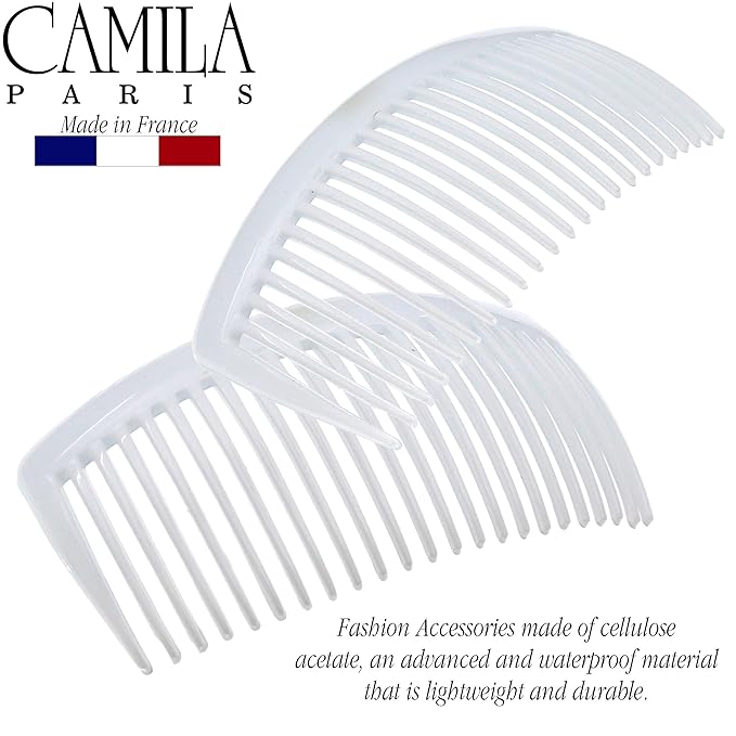 Camila Paris CP3024 French Side Combs Large Curved, White French Twist Hair Combs Decorative, Strong Hold Hair Clips for Women Bun Chignon Up-Do, No Slip Styling Girls Hair Accessories, Made in France