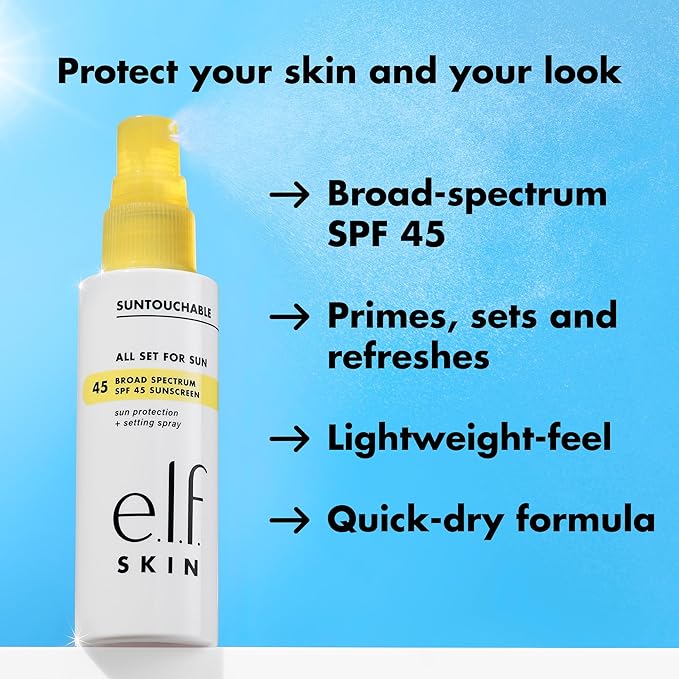 e.l.f. SKIN All Set For Sun SPF 45, Setting Spray With SPF 45 For Long-Lasting Makeup, Weightless, Non-Greasy Formula, Vegan & Cruelty-Free, Packaging May Vary