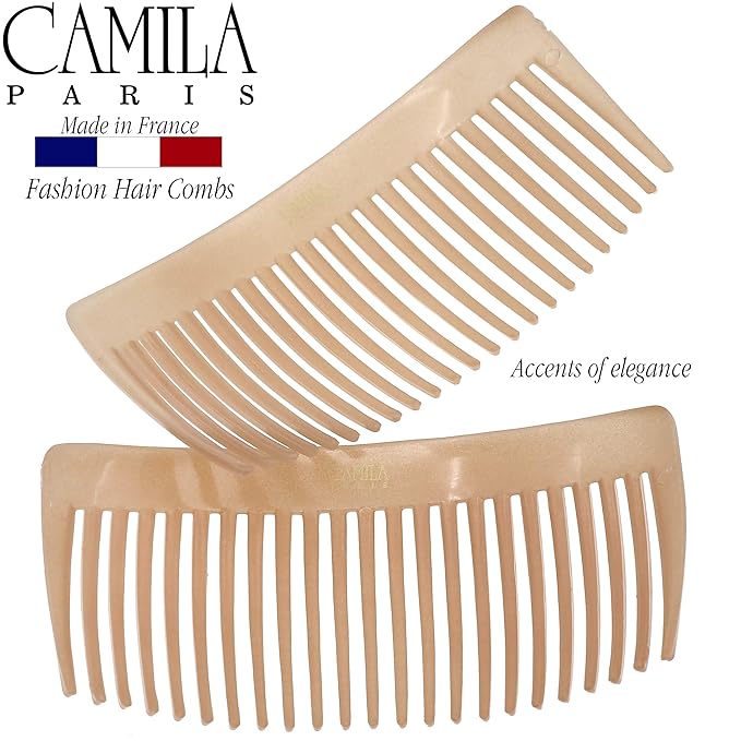 Camila Paris CP3022 French Side Combs Large Curved, Beige French Twist Hair Combs Decorative, Strong Hold Hair Clips for Women Bun Chignon Up-Do, No Slip Styling Girls Hair Accessories, Made in France