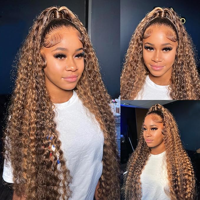32 Inch Highlight Deep Wave Lace Front Wigs Human Hair 180% Density Ombre Honey Blonde Curly Human Hair Wig Pre Plucked with Baby Hair 4/27 HD Transparent 13x6 Lace Front Wigs Human Hair