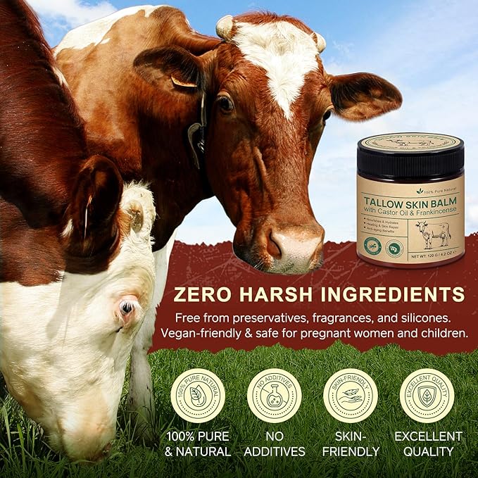 Tallow Castor Oil Frankincense Oil Handmade Skin Balm, Face & Body Moisturizer for Sensitive Skin, Eczema All-Purpose Balm, 100% Grass-Fed Tallow for Skin Care