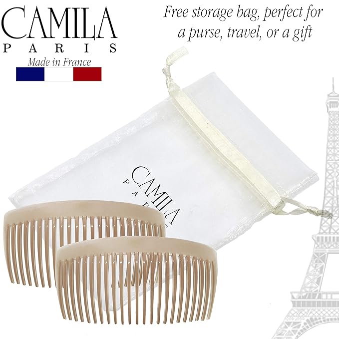 Camila Paris CP2912 French Side Combs Large Curved, Nude French Twist Hair Combs Decorative, Strong Hold Hair Clips for Women Bun Chignon Up-Do, No Slip Styling Girls Hair Accessories, Made in France
