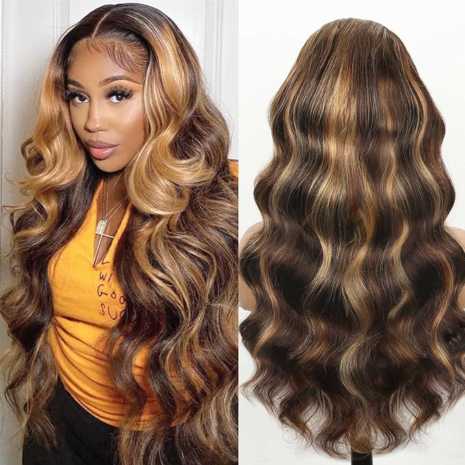 Ombre Lace Front Wig Human Hair, 13x6 HD Honey Blonde Body Wave Lace Frontal Wigs Human Hair with Baby Hair,210% Density Colored 4/27 Highlight Wig Human Hair for women 28 inch