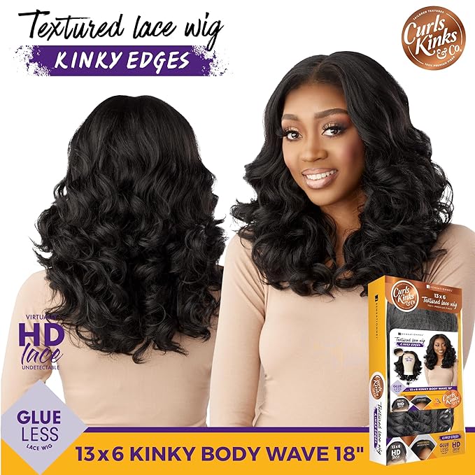 Sensationnel Curls Kinksandco Kinkyedges Wig - Kinky Body Wave 18 Inch 13X6 Lace Frontal Natural Kinkytexture Edged Hairline for Natural 3C to 4C Hair Textures (BALAYAGECHOCOLATE)