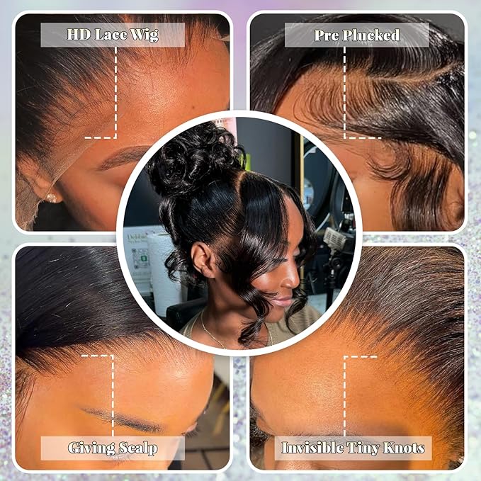 13x6 Full Frontal SKINLIKE HD Lace Wig, 200% Density Body Wave Wig 0.10mm Ultra-thin Invisible Lace Pre-Plucked Bleached Knots HD Lace Front Human Hair Wigs For Women 20 Inch