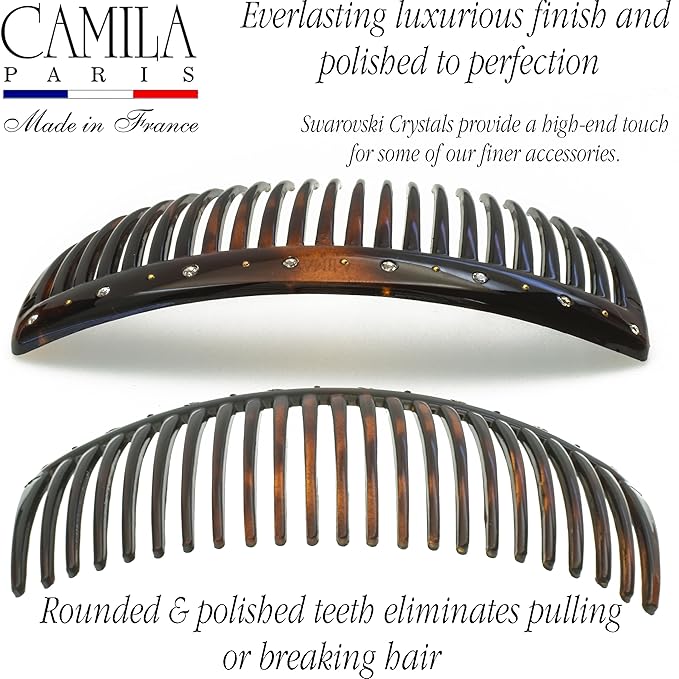 Camila Paris AD66S French Side Comb Large Curved Tortoiseshell Crystals Hair Combs for Women Fine Hair, Strong Hold Hair Comb for Women Bun Chignon Up-Do Styling Girls Hair Accessories, Made in France