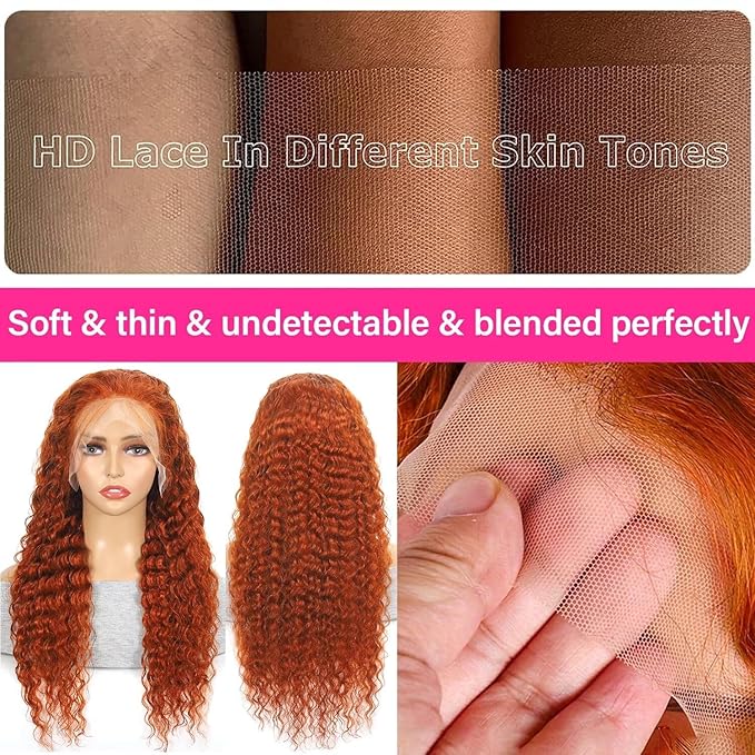 Ginger Lace Front Wigs Human Hair 13x6 Deep Wave Hd Lace Front Wig for Women 180% Density Glueless Orange Colored Curly Lace Frontal Wig Human Hair Pre Plucked Bleached Knots With Baby Hair 20 Inch