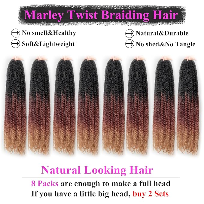 Marley Twist Braiding Hair 24 Inch 8 Packs โ Long-Lasting Marley Hair, Fluffy&Tangle-Free Cuban Twist Hair for Braiding, Natural Look Synthetic Spring Afro Kinky Twist Hair Extensions (T1B/30/27)