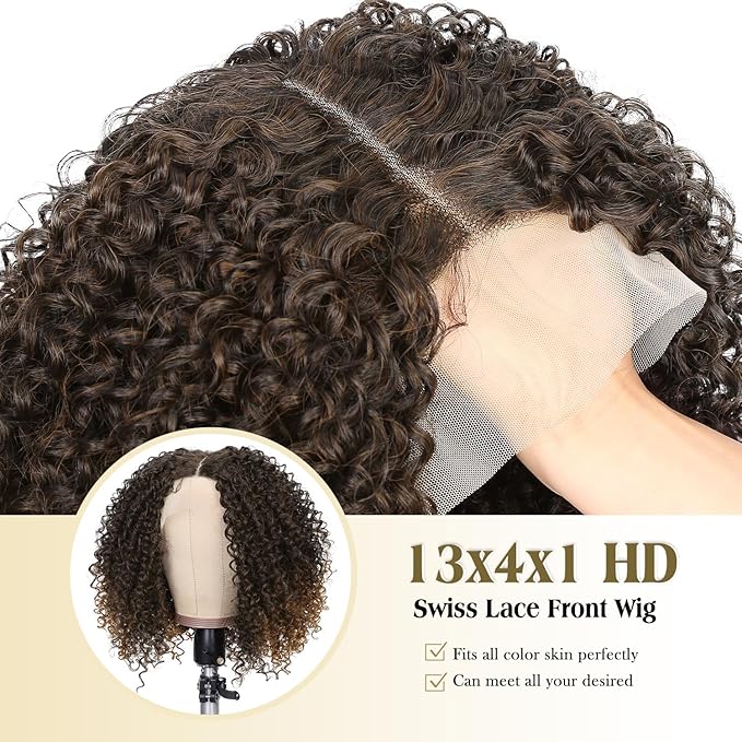 quickwig Curly Lace Front Wigs Short Kinky Curly Wig 13×4×1 HD Glueless Lace Curly Wig Ombre Brown Synthetic Lace Wigs for Women Deep Wave Hair (2/30)