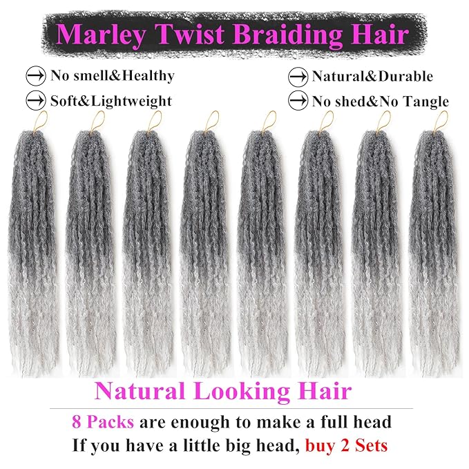 Marley Twist Braiding Hair 18 Inch 8 Packs โ Long-Lasting Marley Hair, Fluffy&Tangle-Free Cuban Twist Hair for Braiding, Natural Look Synthetic Spring Afro Kinky Twist Hair Extensions (1B/Grey)