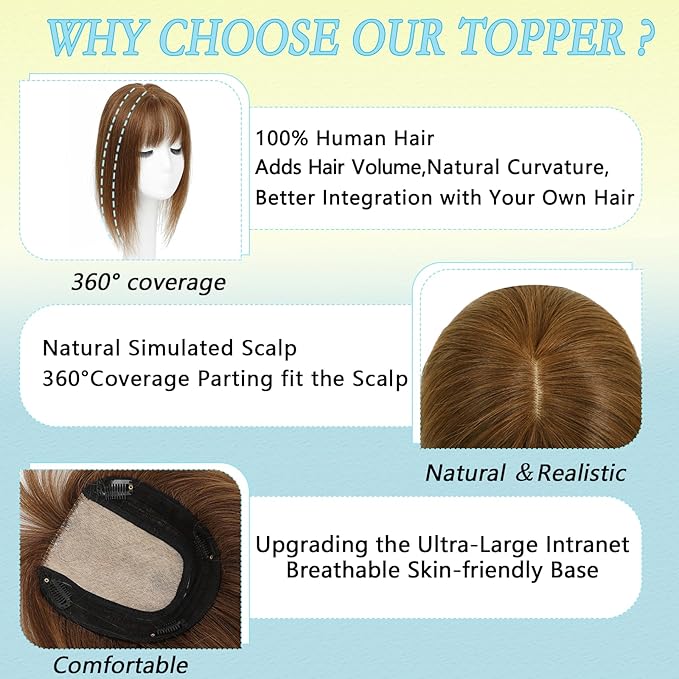 Hair Toppers for Women Real Human Hair, 360° 3D Toppers Pieces for Women with Thinning Crown Wispy Bangs 14 Inch Upgrade Big Basement (Light Brown, 14 Inch Wispy Bangs)