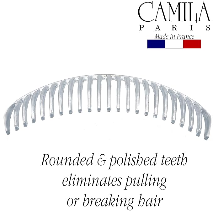 Camila Paris CP2911 French Side Combs Large Curved, Clear French Twist Hair Combs Decorative, Strong Hold Hair Clips for Women Bun Chignon Up-Do, No Slip Styling Girls Hair Accessories, Made in France