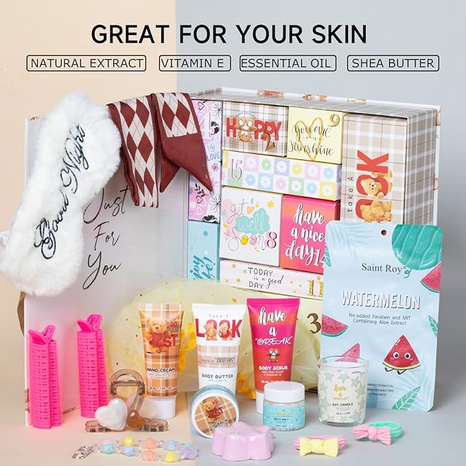 Holiday Beauty Advent Calendar Birthday Gifts for Women Self Care Gifts Get Well Soon Gifts, Bath and Body Gift Basket 15 Days of Countdown Calendar Gifts Skincare Sets for Teen Spa Gift Set