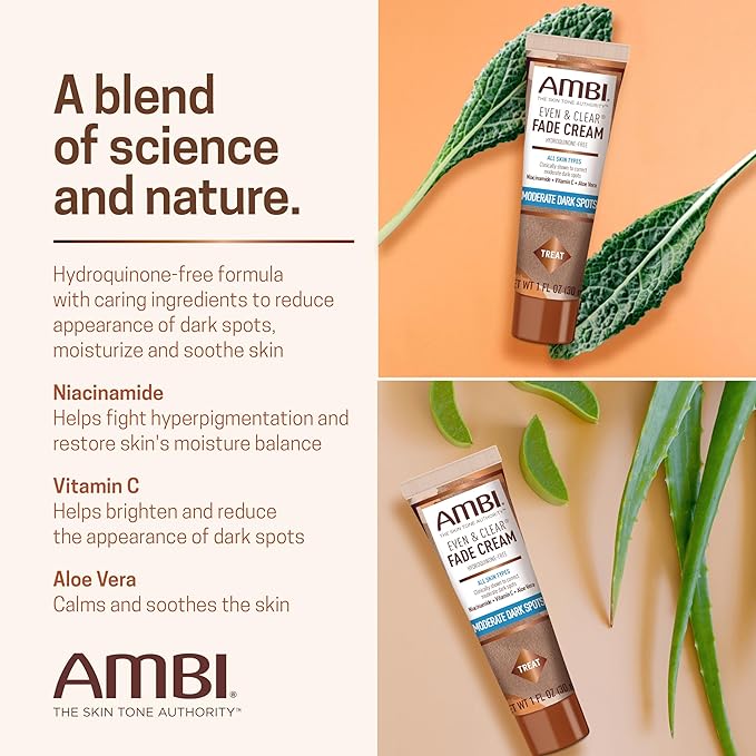 Ambi Even & Clear Fade Cream, Hydroquinone-free, Hyperpigmentation Treatment, Dark Spot Corrector, Results In As Little As 4 Weeks, Niacinamide, Aloe Vera, Vitamin C, 1 Fl Oz