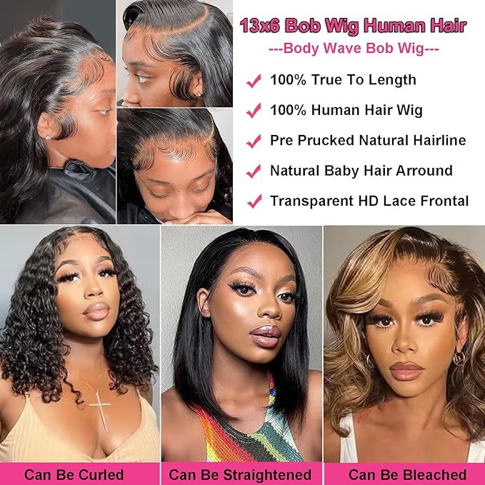Bob Human Hair Wig 200% Density 13x6 HD Transparent Lace Front Wigs Human Hair Pre Plucked Body Wave Wig for Black Women 18 Inch