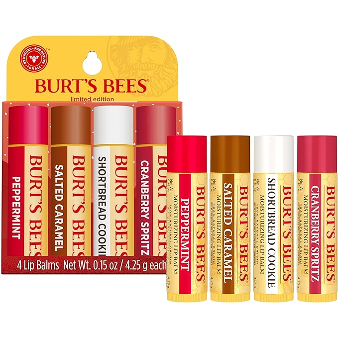 Burt's Bees Lip Balm, 100% Natural Origin, Peppermint, Salted Caramel, Shortbread Cookie and Cranberry Spritz Moisturizing Lip Balms (4-Pack)