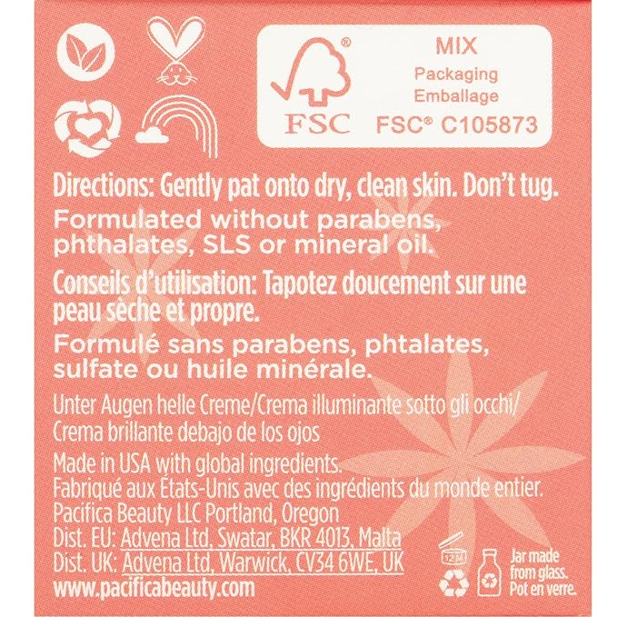 Pacifica Glow Baby Brightening Eye Cream – Vitamin C Under Eye Cream for Dark Circles & Puffiness, Caffeine-Infused Eye Brightener for Tired Eyes Fragrance-Free 0.5 oz Clean Vegan Dermatologist Tested