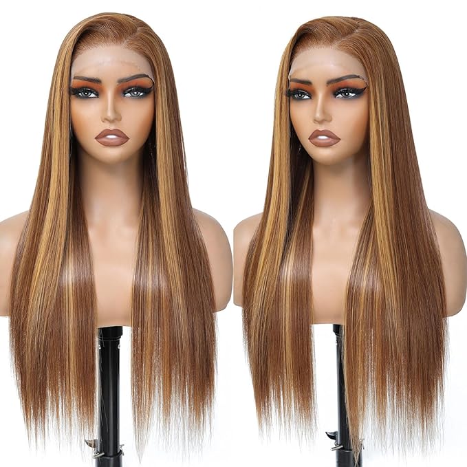 Honey Blonde Wig Glueless Wig 7x5 Synthetic Wig Highlight HD Lace Front Wig for Women Pre-Plucked Ready to Wear Wigs 26inch