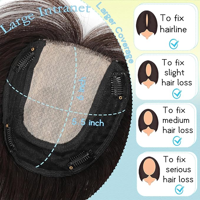Hair Toppers for Women Real Human Hair, 360° 3D Toppers Pieces for Women with Thinning Crown Wispy Bangs 16 Inch Upgrade Big Basement (Dark Brown, 16 Inch Wispy Bangs)