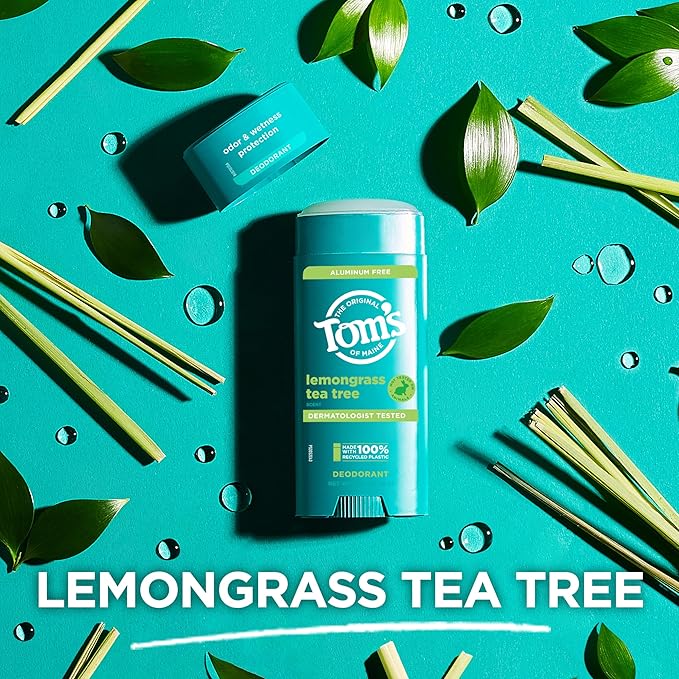 Tom's of Maine Lemongrass Tea Tree Aluminum Free Natural Deodorant For Women & Men | Goes on Clear | Odor & Wetness Protection | Naturally Derived and Moisture-Locking Ingredients | 3.25 oz (2 Pack)
