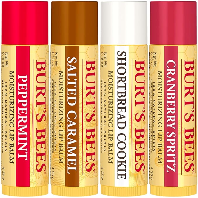Burt's Bees Lip Balm, 100% Natural Origin, Peppermint, Salted Caramel, Shortbread Cookie and Cranberry Spritz Moisturizing Lip Balms (4-Pack)