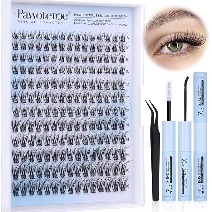 Pawotence Lash Clusters Kit Wispy Lash Extension Kit Natural 180pcs Cluster Eyelash Extensions Kit Individual Lashes 8-16mm Eyelash Clusters Kit with Lash Cluster Bond Seal and Lash Tweezers