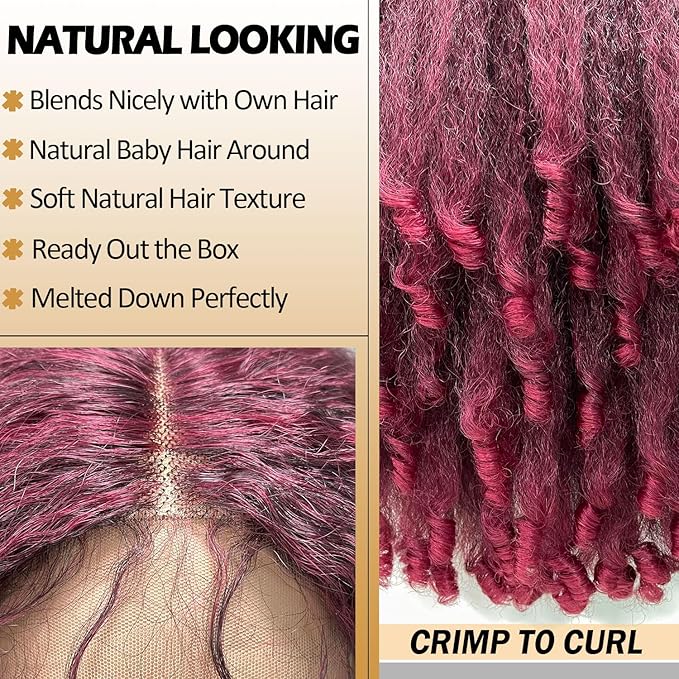 SOKU Crimp to Curl T Part Lace Front Wig Synthetic 20 Inch Red Burgundy Afro Kinky Straight with Curly End Wigs Pre-plucked Transparent Lace with Baby Hair Yaki Straight Wigs for Women