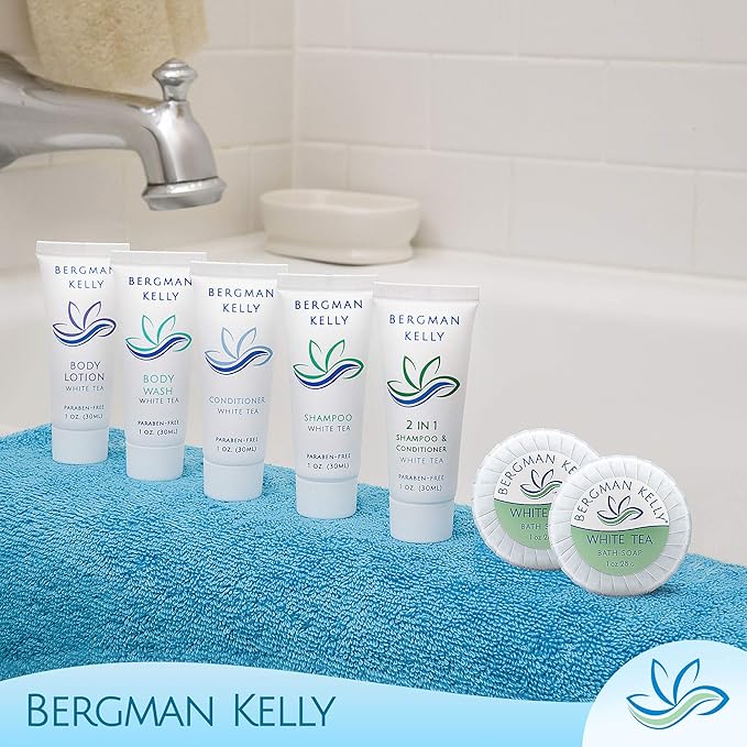 BERGMAN KELLY - Hotel Soap Bars - White Tea, 1 oz, 100 PK - Travel Size Luxury Bulk Amenities Bar Soap, Mini Individually Wrapped Round Soap - Small Toiletries for Airbnb, Motel, Guest Bathroom
