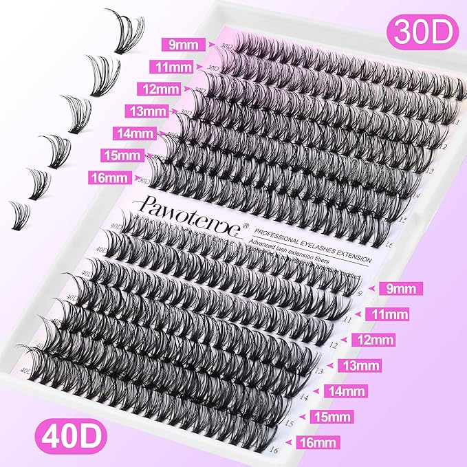 Pawotence Lash Clusters 280pcs Individual Lashes 30D 40D Cluster Eyelash Extensions 9-16mm Eyelash Clusters Lash Extensions for Self Application (30D&40D, 0.07D, 9-16mm)