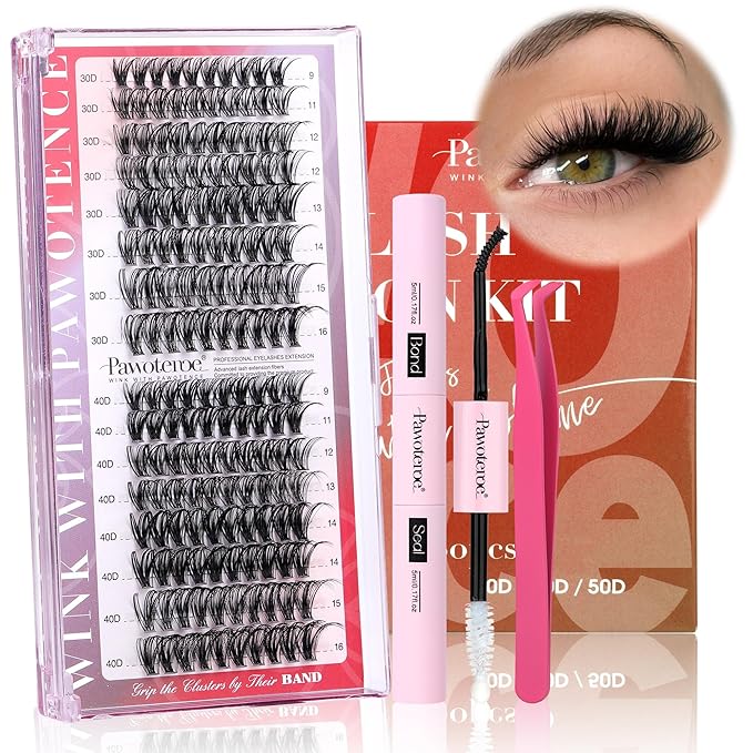 Pawotence Lash Extension Kit Individual Lash Clusters Kit 9-16mm 30D 40D Cluster Eyelash Extensions Kit with Lash Bond and Seal, Lash Tweezers for Self Use (30D&40D, 0.07D, 9-16mm, Portable Kit)