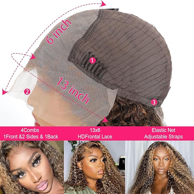 Honey Blonde Ombre 30 Inch Lace Front Wig Human Hair 13X6 Highlight Deep Wave Curly Human Hair Wig 4/27 Colored Deep Wave HD Lace Front Wigs Human Hair Pre Plucked with Baby Hair 180% Density