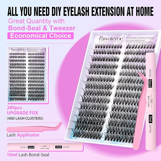 Pawotence Lash Clusters Kit Cat Eye Lash Extension Kit DIY 9-16mm Cluster Eyelash Extensions Kit 40D Individual Lashes with Lash Bond and Seal, Lash Tweezers for Self Use (Fox 40D, 9-16mm, Kit)
