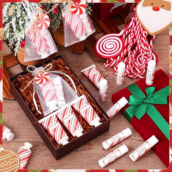 144 Pcs Christmas Candy Cane Lip Balm Hand Cream Set Party Favors Including 36 Lip Balm 36 Moisturizing Hand Cream 36 Bags 36 Cards and Ropes for Xmas Accessories Gifts
