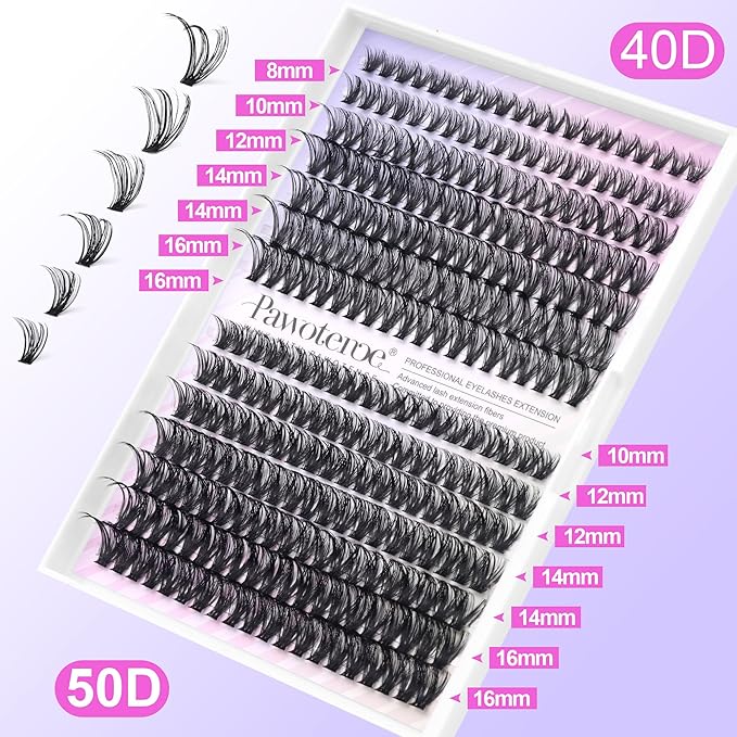 Pawotence Lash Clusters 280pcs Cluster Eyelash Extensions 40D 50D Eyelash Clusters Lash Extension 8-16mm Individual Lashes for Self Application at Home (40D&50D, 0.07D, 8-16mm)