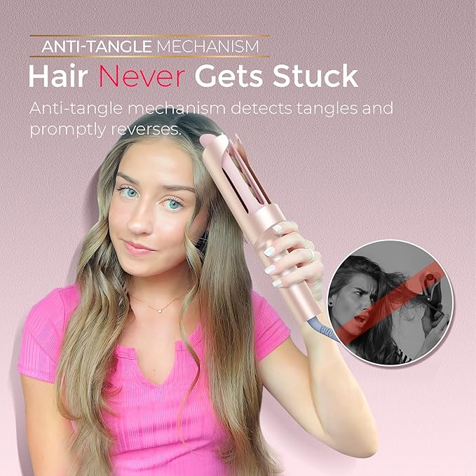 Upgraded Automatic Rotating Curling Iron - TYMO CurlPro Plus Long Barrel Curling Wand for Long Hair, Ceramic 1 Inch Hair Curler for Women, Anti-Scald, Tangle-Free, 600M Ionic, Dual Voltage, Gold Blush