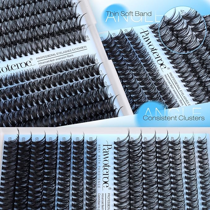 Pawotence Lash Clusters Kit 40D 60D Lash Extension Kit 10-18mm Cluster Eyelash Extension Kit Individual Lashes 280pcs Eyelash Clusters with Lash Bond and Seal, Lash Tweezers for Self Use