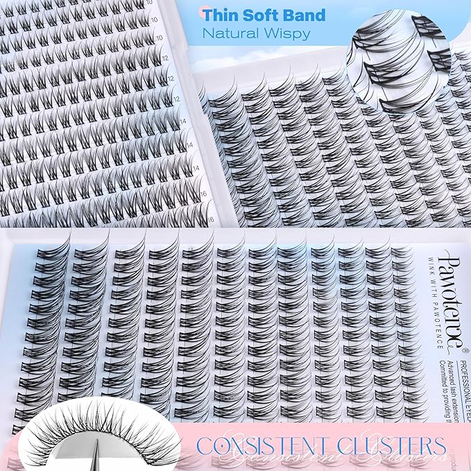 Pawotence Lash Clusters Kit Wispy Lash Extension Kit Natural 180pcs Cluster Eyelash Extensions Kit Individual Lashes 8-16mm Eyelash Clusters Kit with Lash Cluster Bond Seal and Lash Tweezers